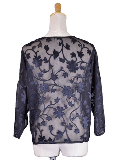 En Creme Brand Black Leaves and Flowers Appliques Sheer Net Short Kimono Jacket
