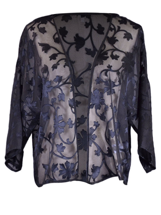 En Creme Brand Black Leaves and Flowers Appliques Sheer Net Short Kimono Jacket
