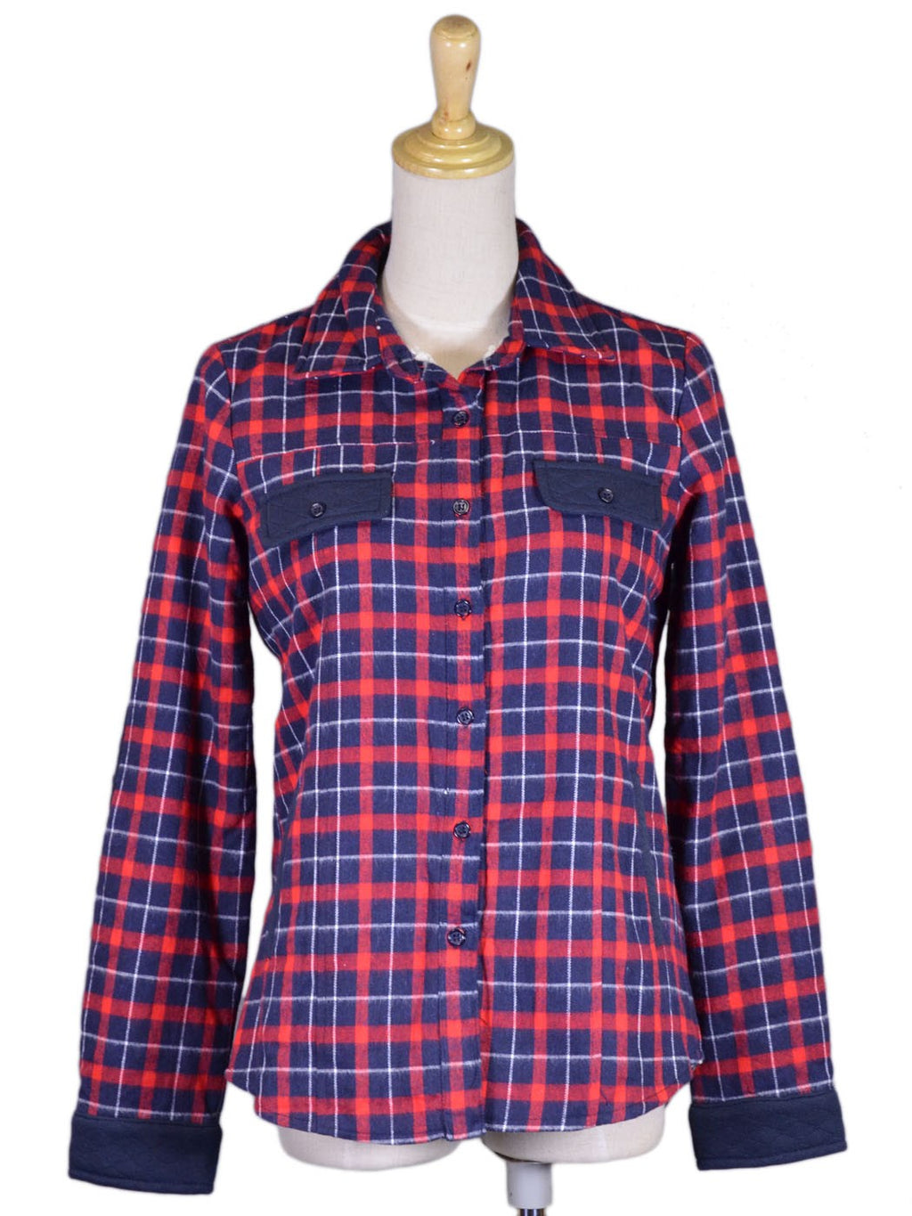 Chaqueta a cuadros con forro de piel sintética de oveja azul y roja de la marca En Creme