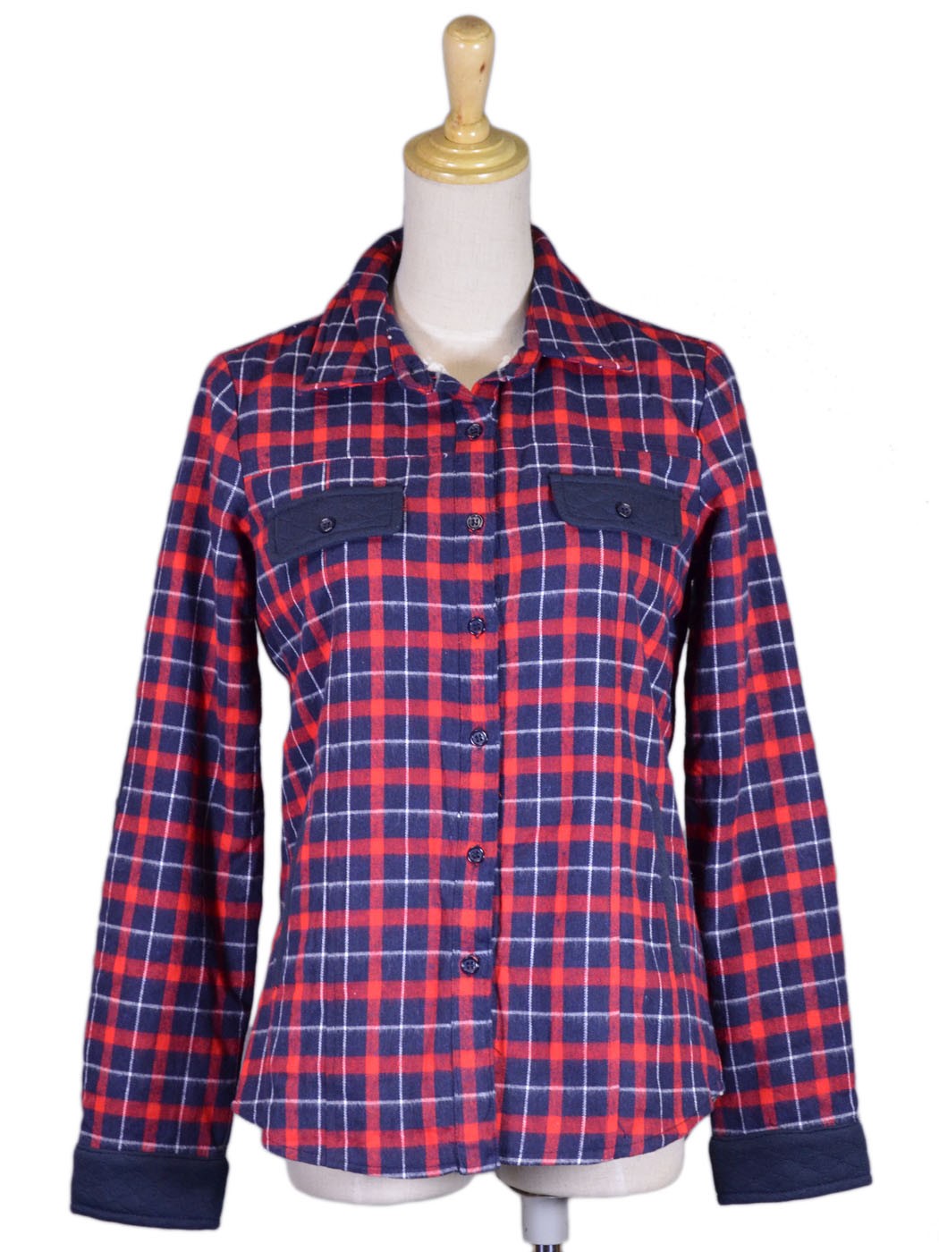 Chaqueta a cuadros con forro de piel sintética de oveja azul y roja de la marca En Creme