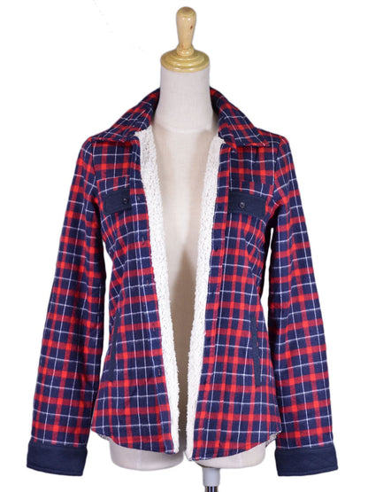 En Creme Brand Blue and Red Faux Sherling Lining Checkered Plaid Jacket