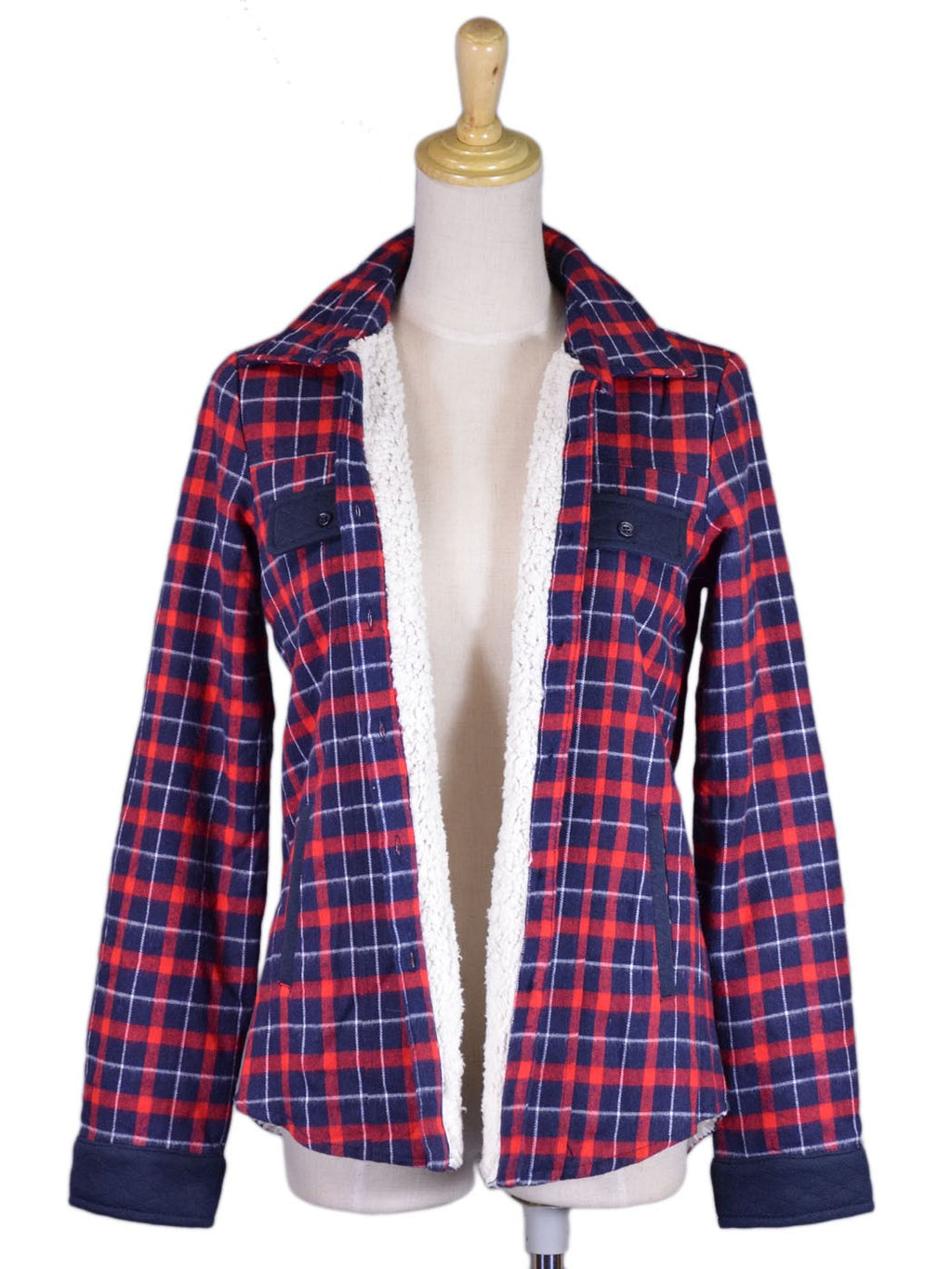 Chaqueta a cuadros con forro de piel sintética de oveja azul y roja de la marca En Creme