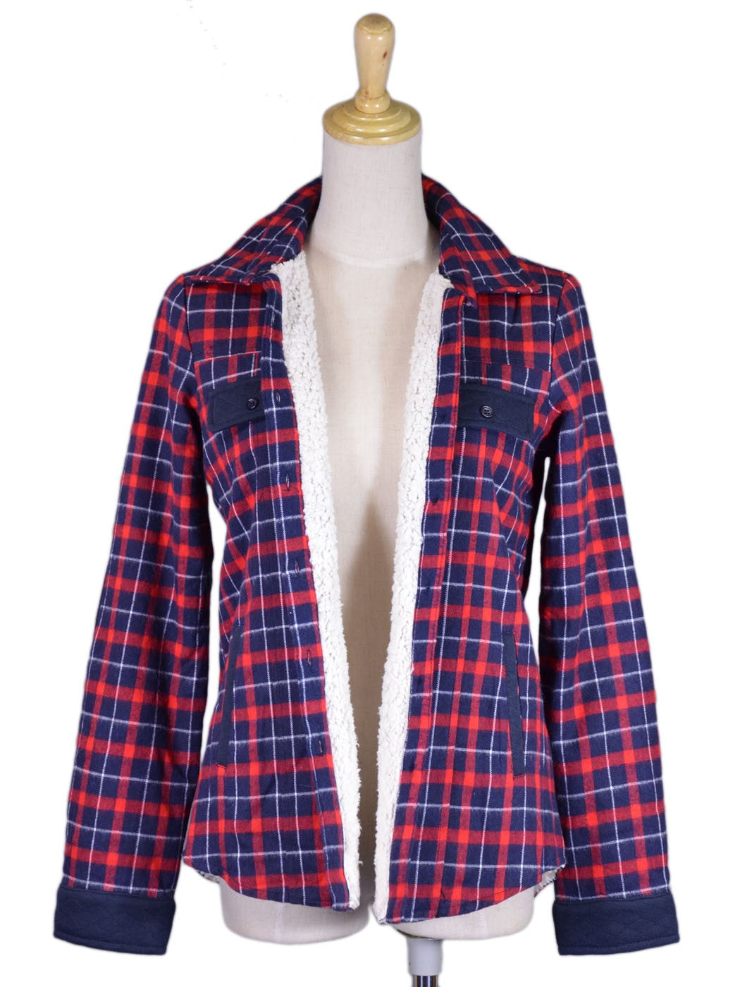 Chaqueta a cuadros con forro de piel sintética de oveja azul y roja de la marca En Creme