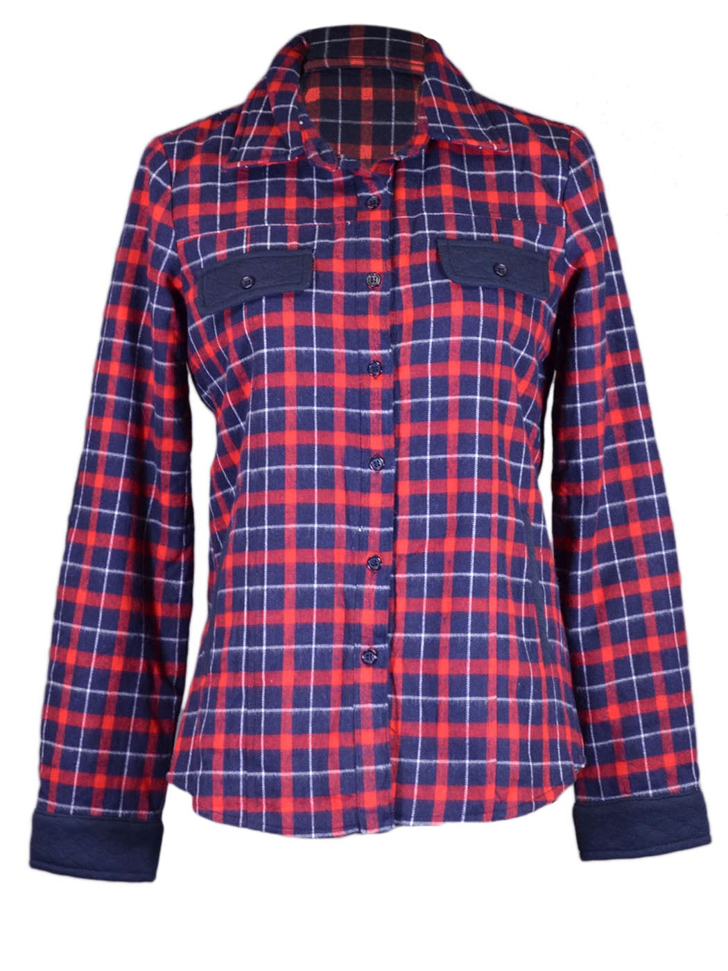 Chaqueta a cuadros con forro de piel sintética de oveja azul y roja de la marca En Creme