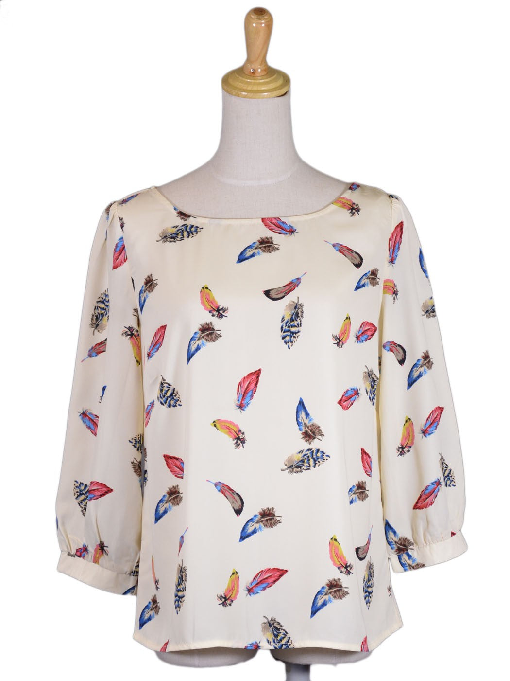 Pink Owl Brand Beige with Multicoloured Feathers Print Bishop Sleeves Top