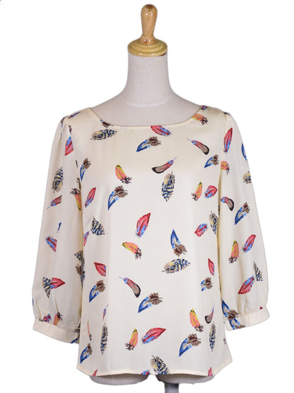 Pink Owl Brand Beige with Multicoloured Feathers Print Bishop Sleeves Top