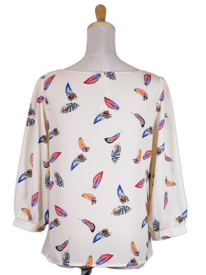 Pink Owl Brand Beige with Multicoloured Feathers Print Bishop Sleeves Top