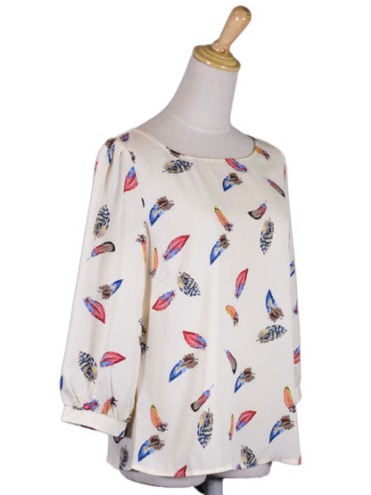 Pink Owl Brand Beige with Multicoloured Feathers Print Bishop Sleeves Top