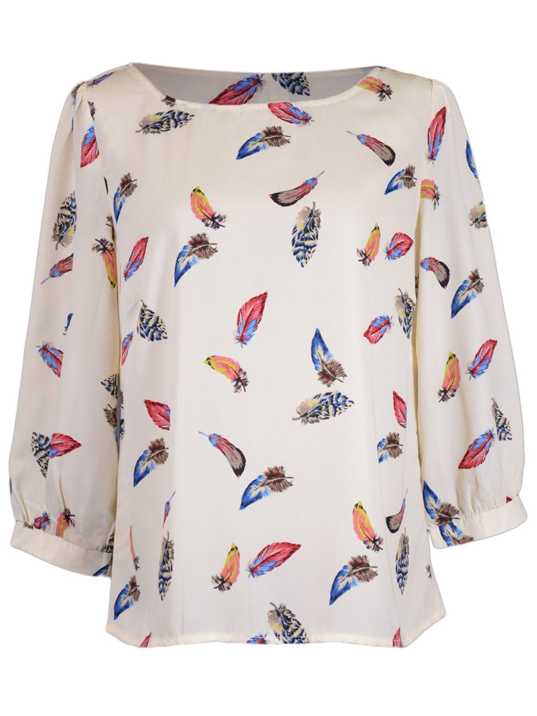 Pink Owl Brand Beige with Multicoloured Feathers Print Bishop Sleeves Top