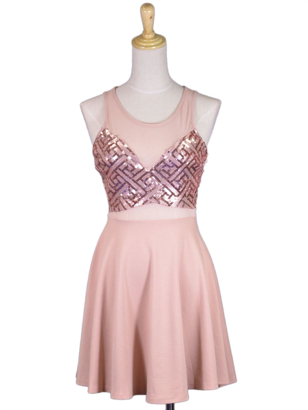 Lush Brand Pink Geometric Sequin Pattern Sheer Yoke Key Hole Detail Dress