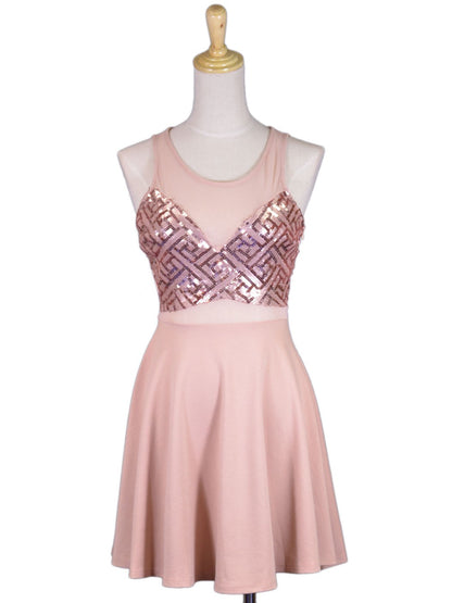 Lush Brand Pink Geometric Sequin Pattern Sheer Yoke Key Hole Detail Dress