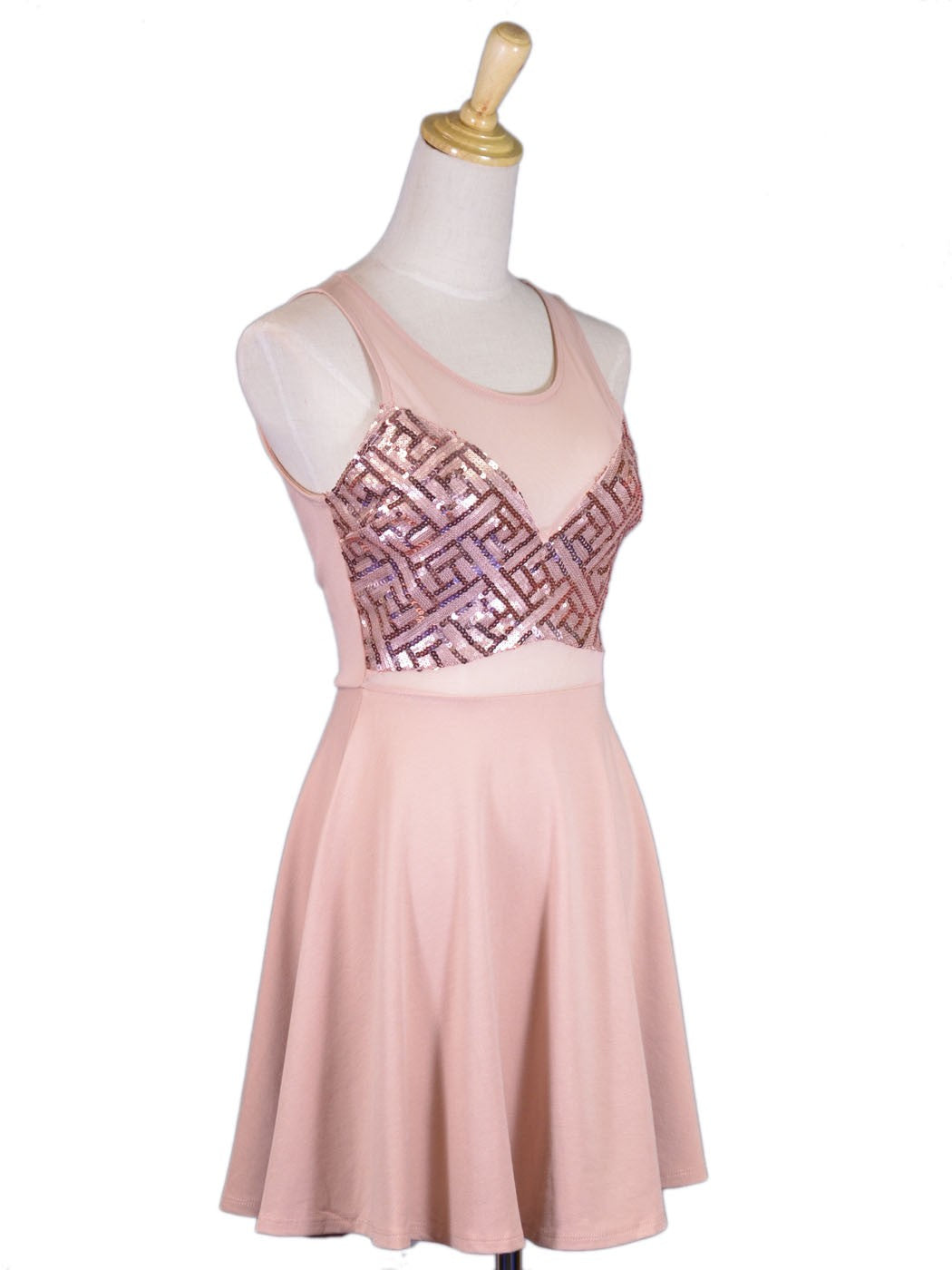 Lush Brand Pink Geometric Sequin Pattern Sheer Yoke Key Hole Detail Dress