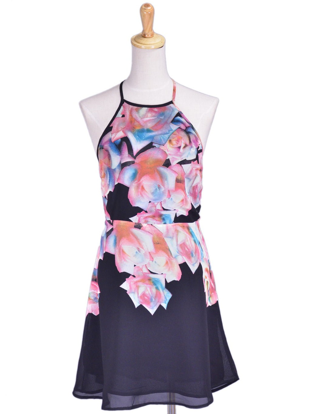 Vestido de gasa con espalda descubierta y cuello halter con rosas abstractas en color rosa y negro de la marca Cotton Candy