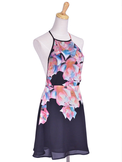 Cotton Candy Brand Black Pink Abstract Roses Halter Exposed Back Chiffon Dress