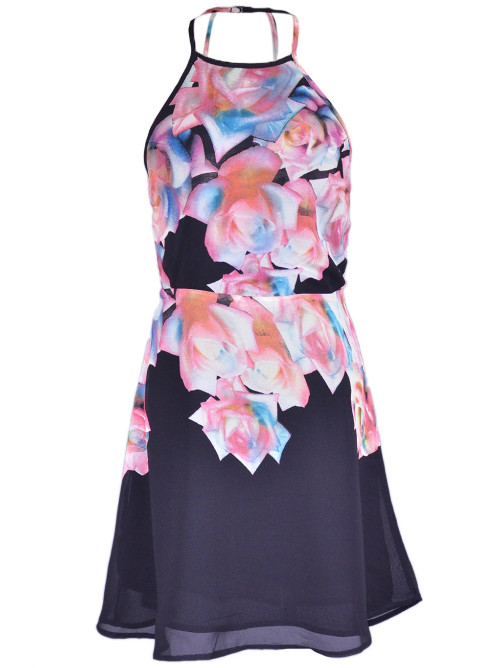 Vestido de gasa con espalda descubierta y cuello halter con rosas abstractas en color rosa y negro de la marca Cotton Candy