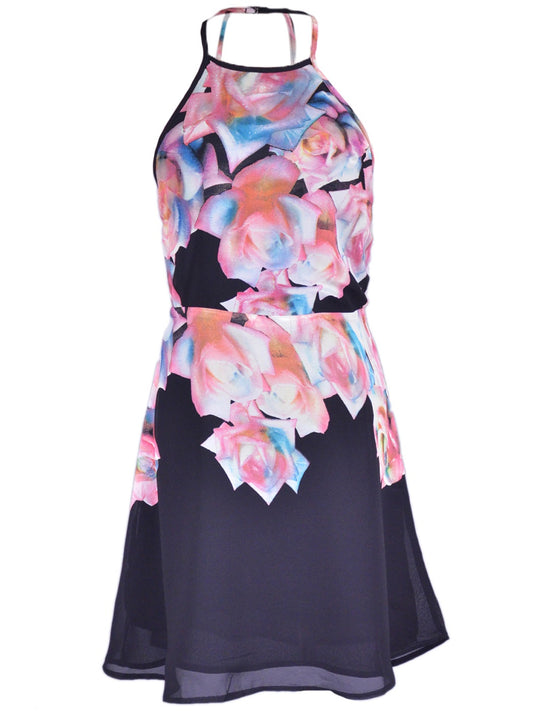 Cotton Candy Brand Black Pink Abstract Roses Halter Exposed Back Chiffon Dress