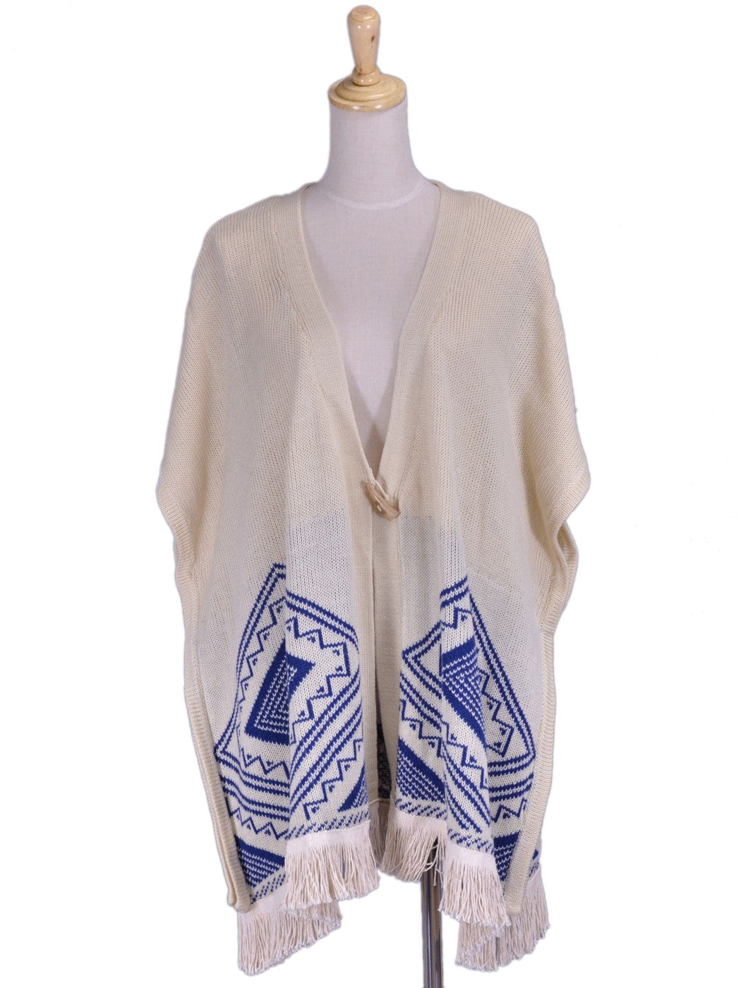 Poncho grande con flecos y espalda bordada con diseño tribal azteca de la marca Pink Owl