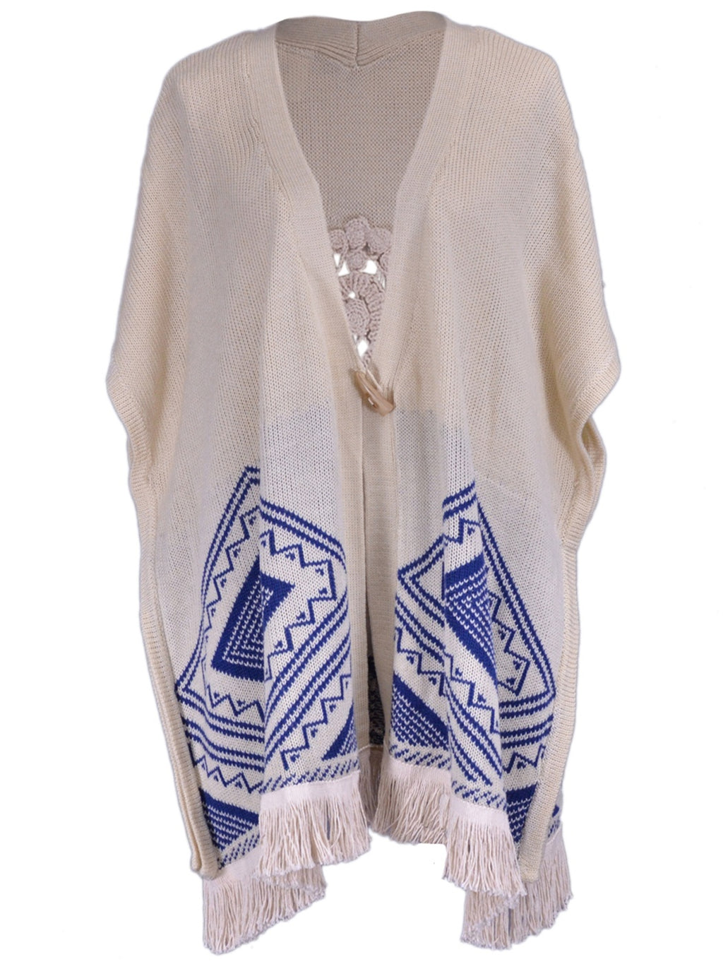 Poncho grande con flecos y espalda bordada con diseño tribal azteca de la marca Pink Owl