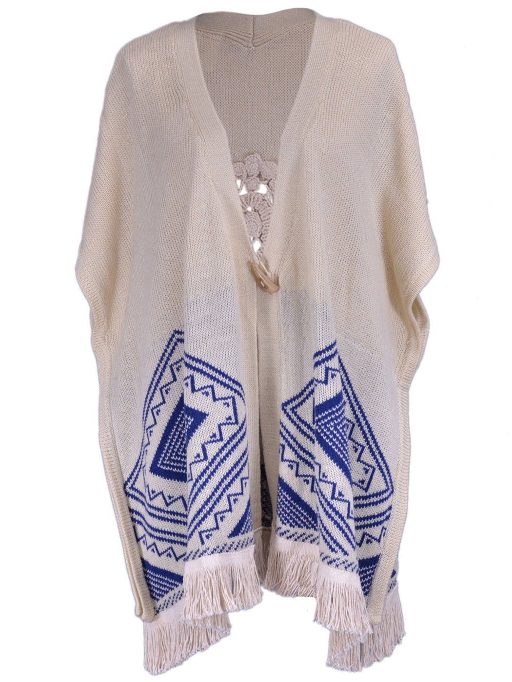 Poncho grande con flecos y espalda bordada con diseño tribal azteca de la marca Pink Owl