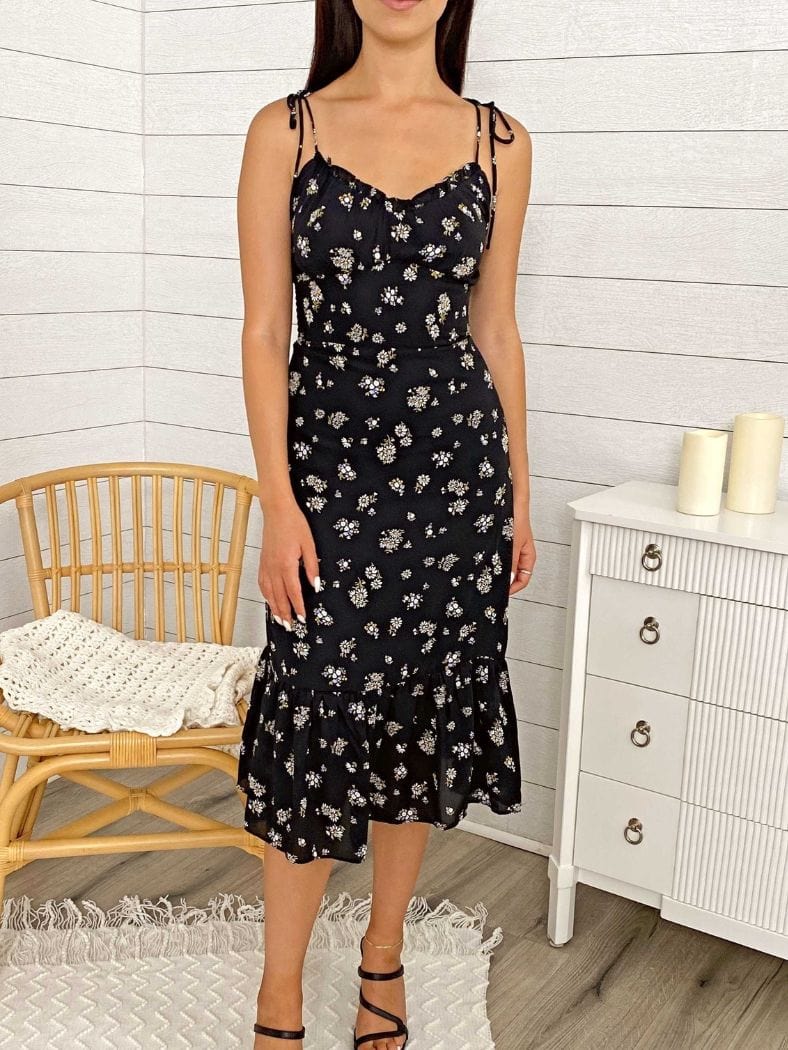 Vestido midi con tiras y lazo con estampado floral negro 