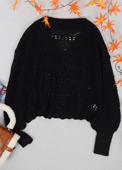 Solid Crochet Knit Semi-Sheer V-Neck Sweater