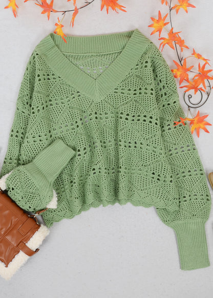 Solid Crochet Knit Semi-Sheer V-Neck Sweater