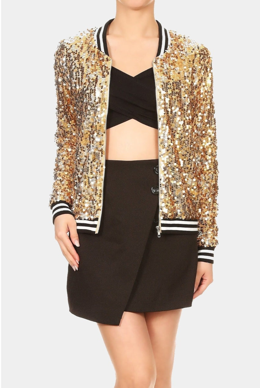 Sequin Bomber Zip-Up Jacket