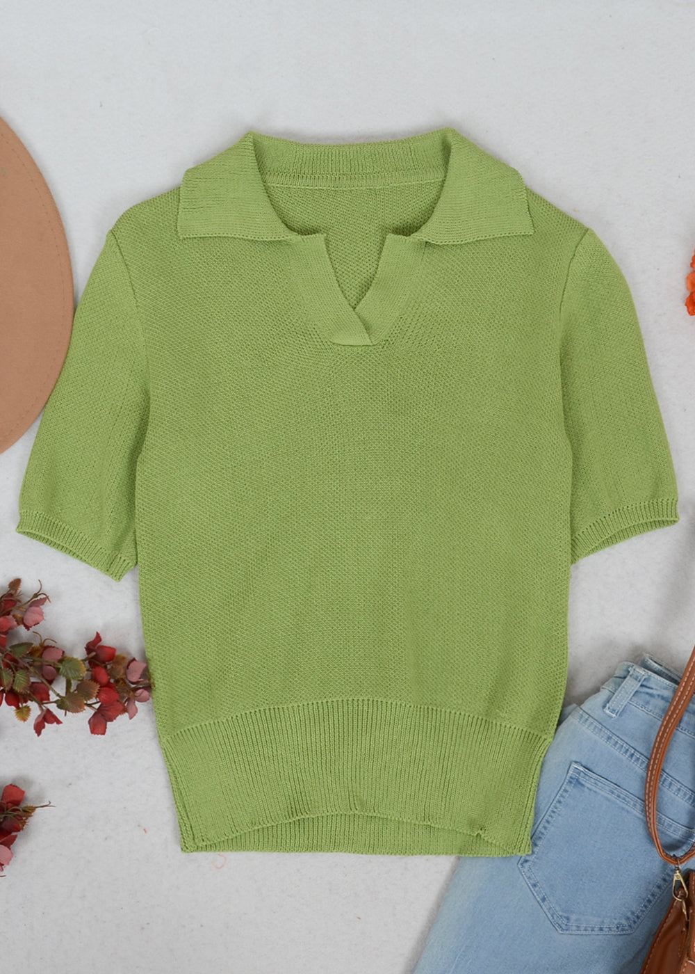 V Neck Knit Collared Shirt
