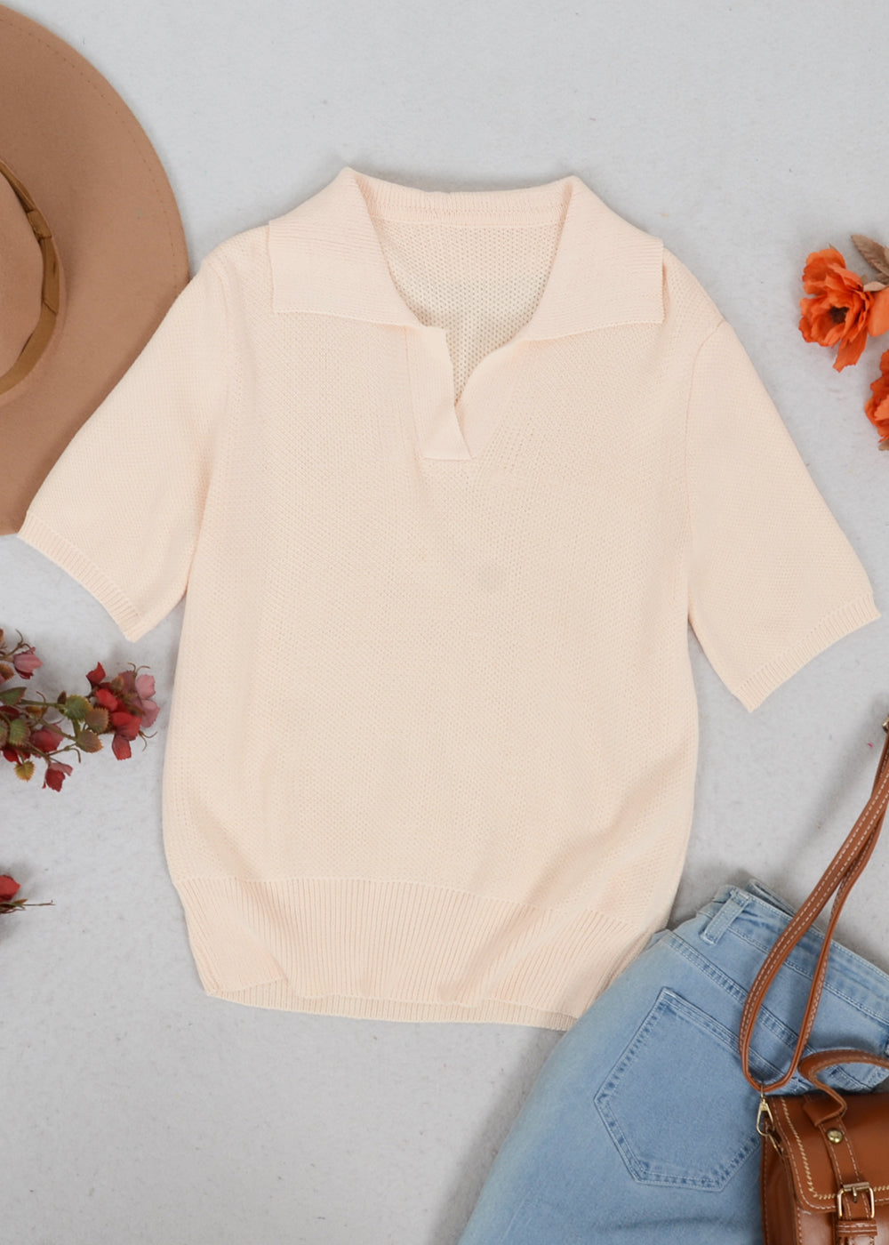 V Neck Knit Collared Shirt