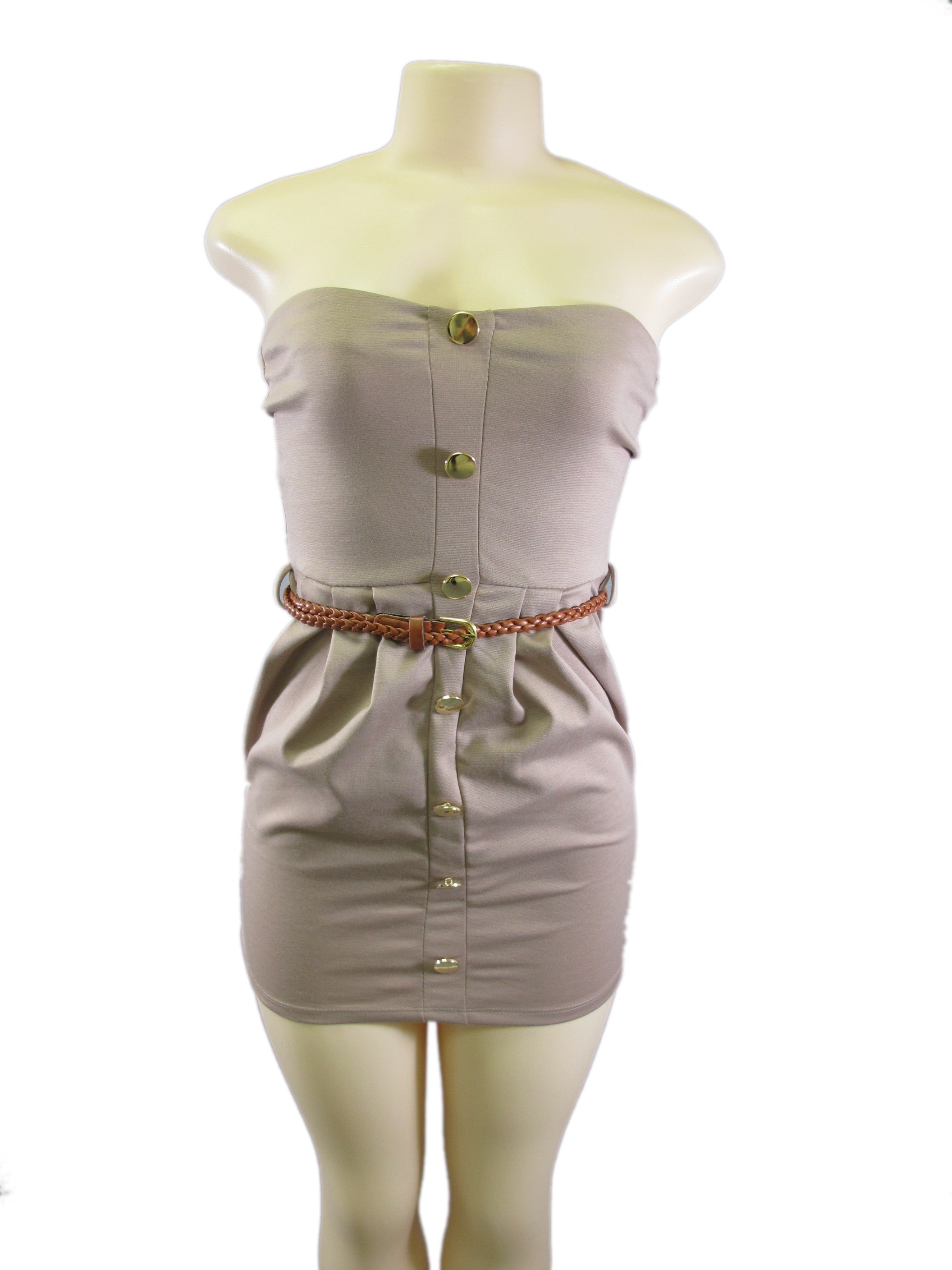 Vestido de mujer con cinturón de piel sintética, cintura ceñida, botones dorados y sin tirantes en color topo