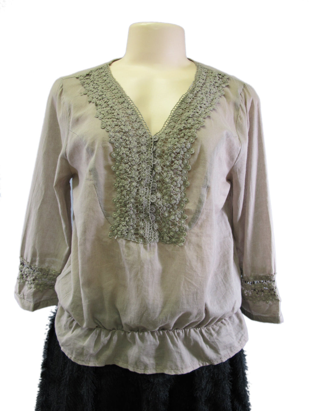 Bonita blusa campesina de crochet con ribete de cuentas en color topo y cintura fruncida para mujer, fabricada en EE. UU.
