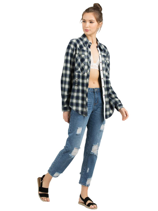 Distressed Button Down Flannel Shirt