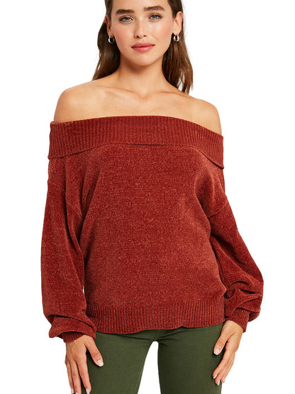 Chenille Off Shoulder Ribbed Sweater