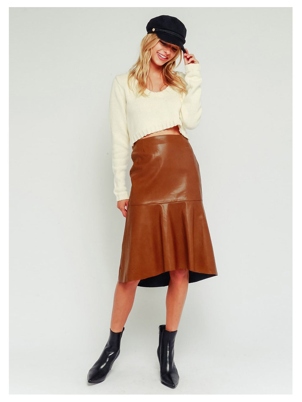 Faux Leather A-line Midi Skirt