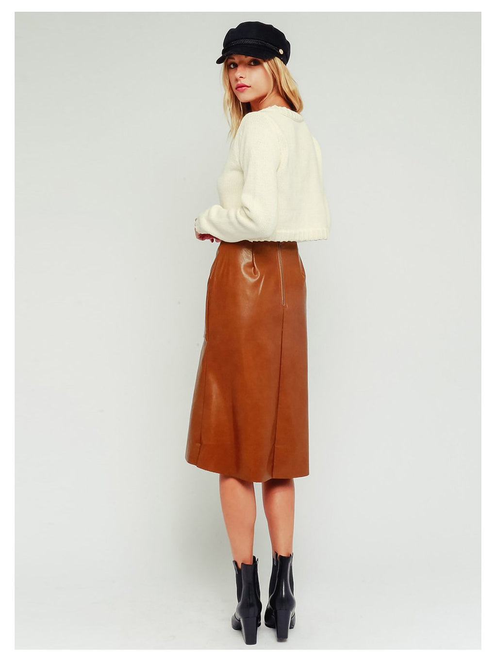 Faux Leather A-line Midi Skirt