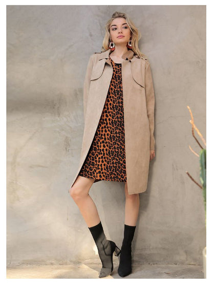 Vegan Leather Suede Belted Trench Coat