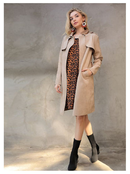 Vegan Leather Suede Belted Trench Coat