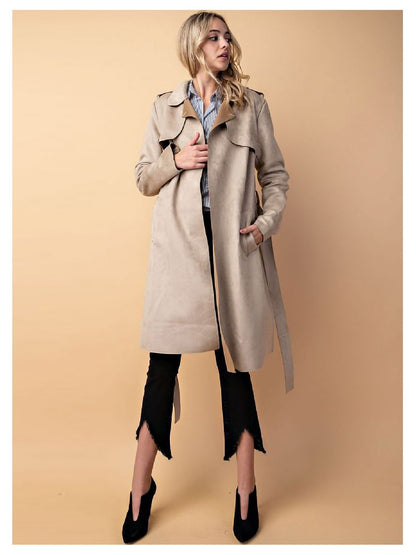 Vegan Leather Suede Belted Trench Coat