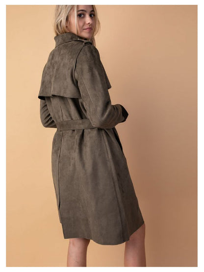 Vegan Leather Suede Belted Trench Coat