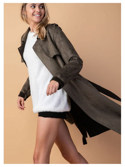 Vegan Leather Suede Belted Trench Coat