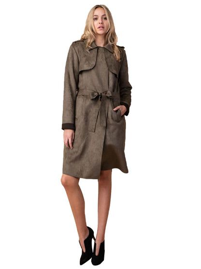 Vegan Leather Suede Belted Trench Coat
