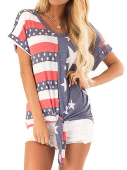 V Neck Flag Print Tie Front Top Shirt