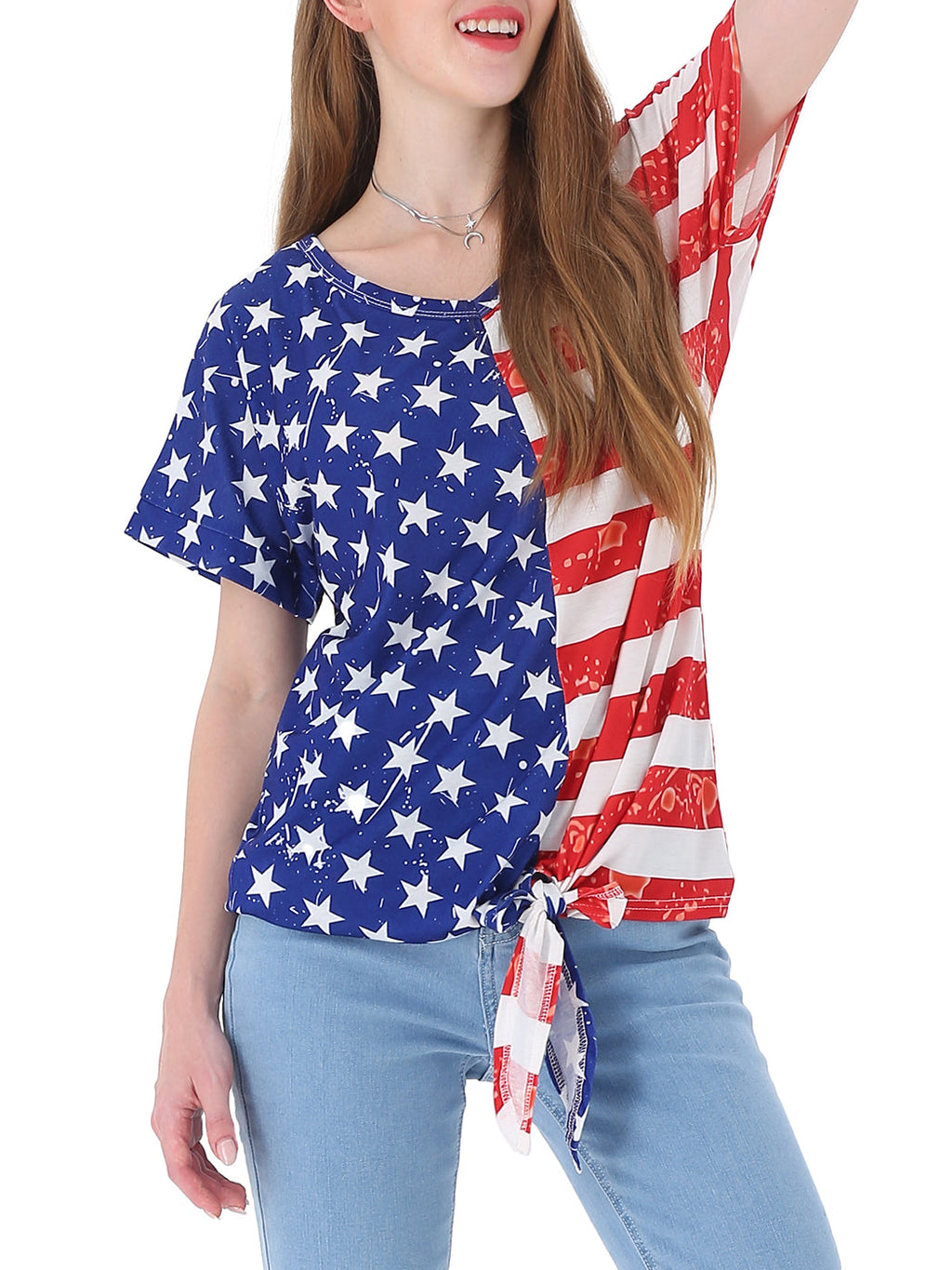 Camisa con cuello en V, estampado de bandera y lazo en la parte delantera