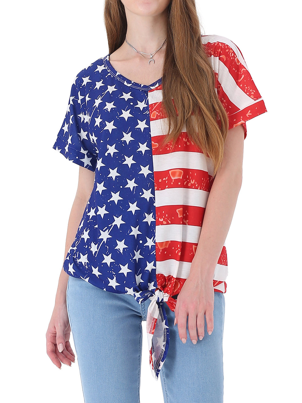 Camisa con cuello en V, estampado de bandera y lazo en la parte delantera