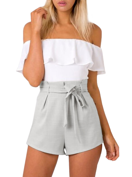 Off Shoulder Jumpsuit Ruffled Bow Tie Shorts Set