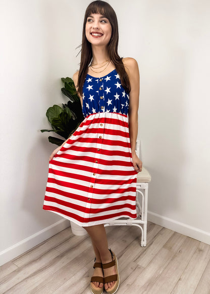 Independence Day Flag Dress With Suspenders And Buttons