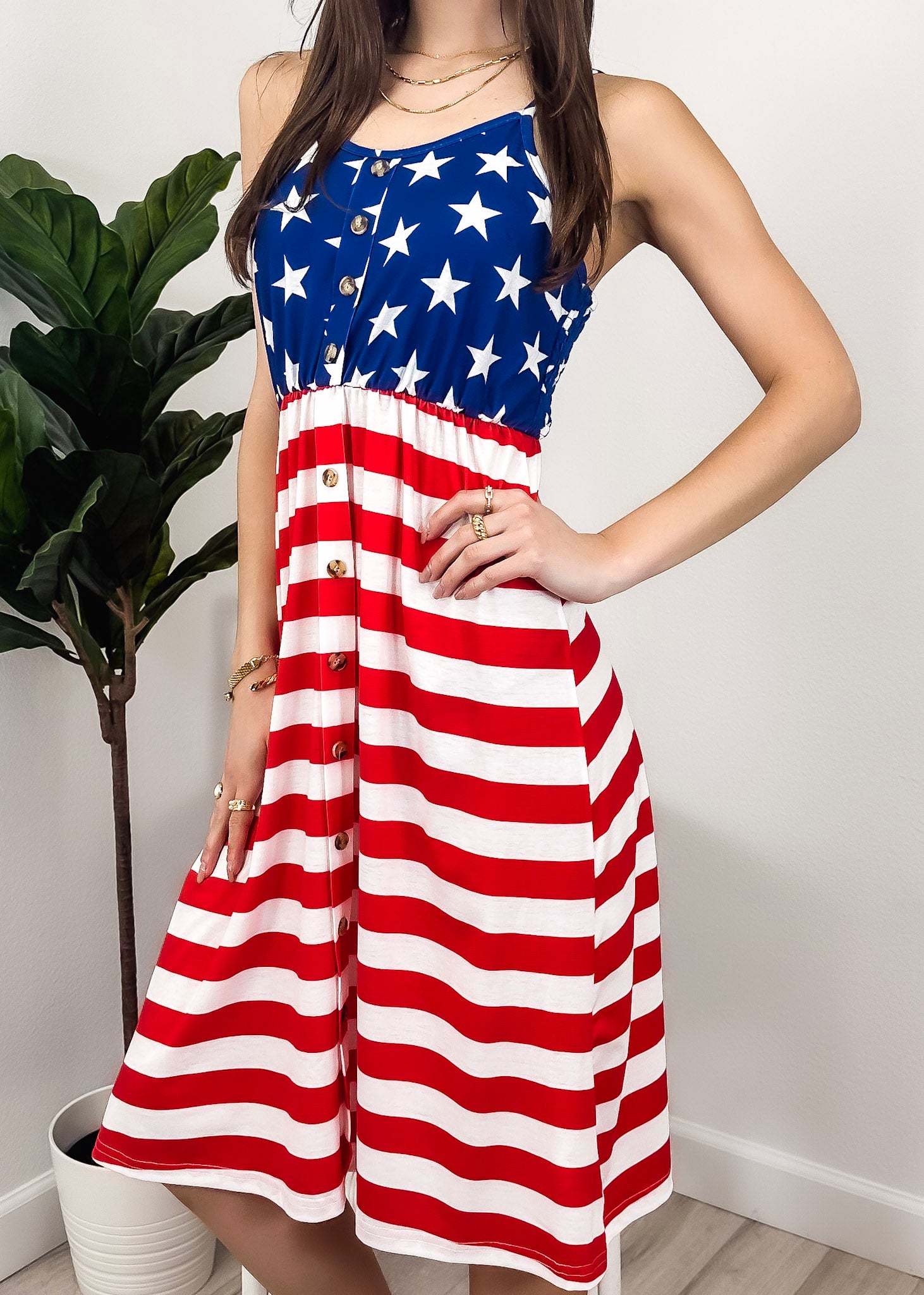 Vestido con bandera del Día de la Independencia con tirantes y botones