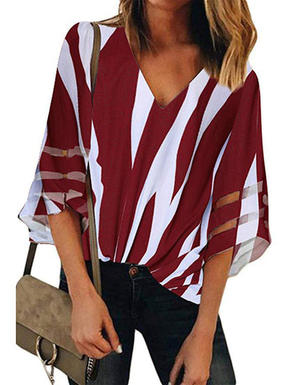 V-neck Trumpet Sleeve Striped Print Shirt