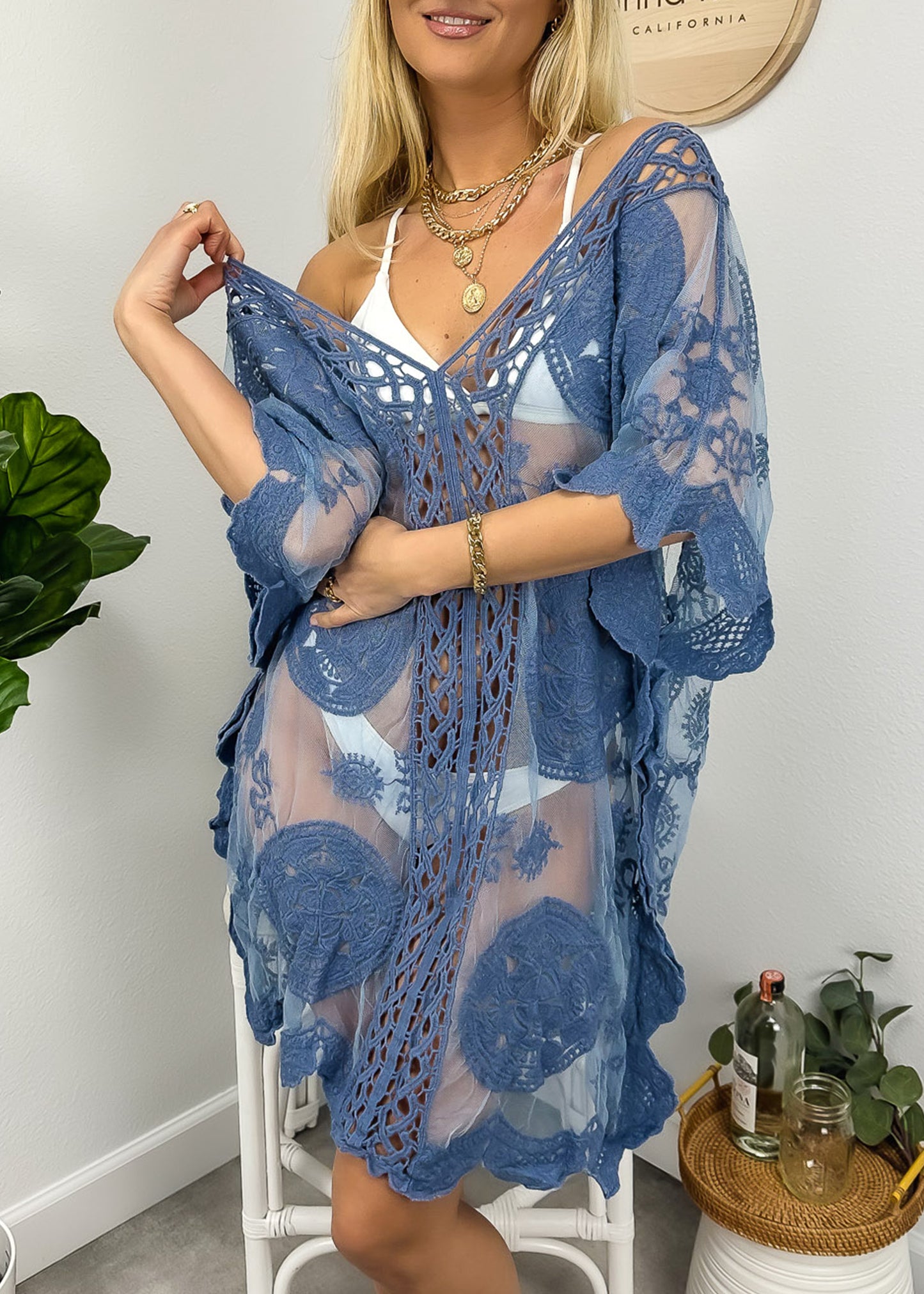 Cárdigan de crochet de encaje para mujer, traje de baño de bikini largo transparente 