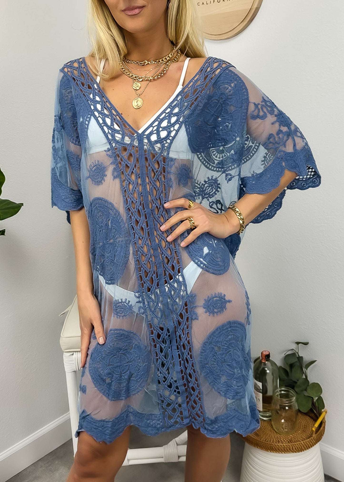 Cárdigan de crochet de encaje para mujer, traje de baño de bikini largo transparente 